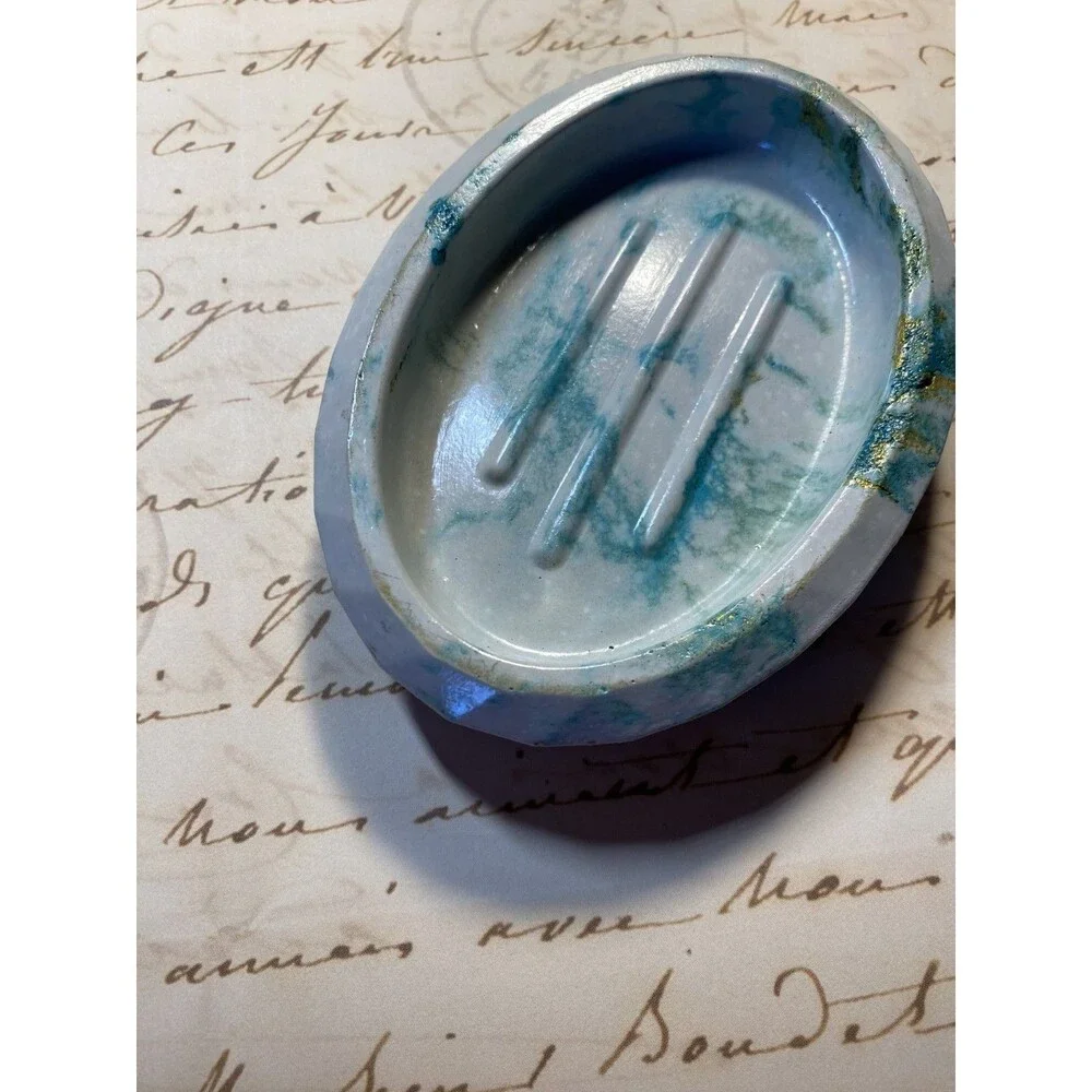 Handmade Soap Dish Cement Soap Holder Oval Bathroom Kitchen Marbled Teal